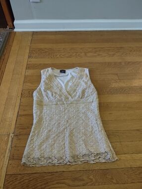 Tailor B Moss Cream Lace Overlay Sleeveless V-Neck Metallic Vintage Top Medium
